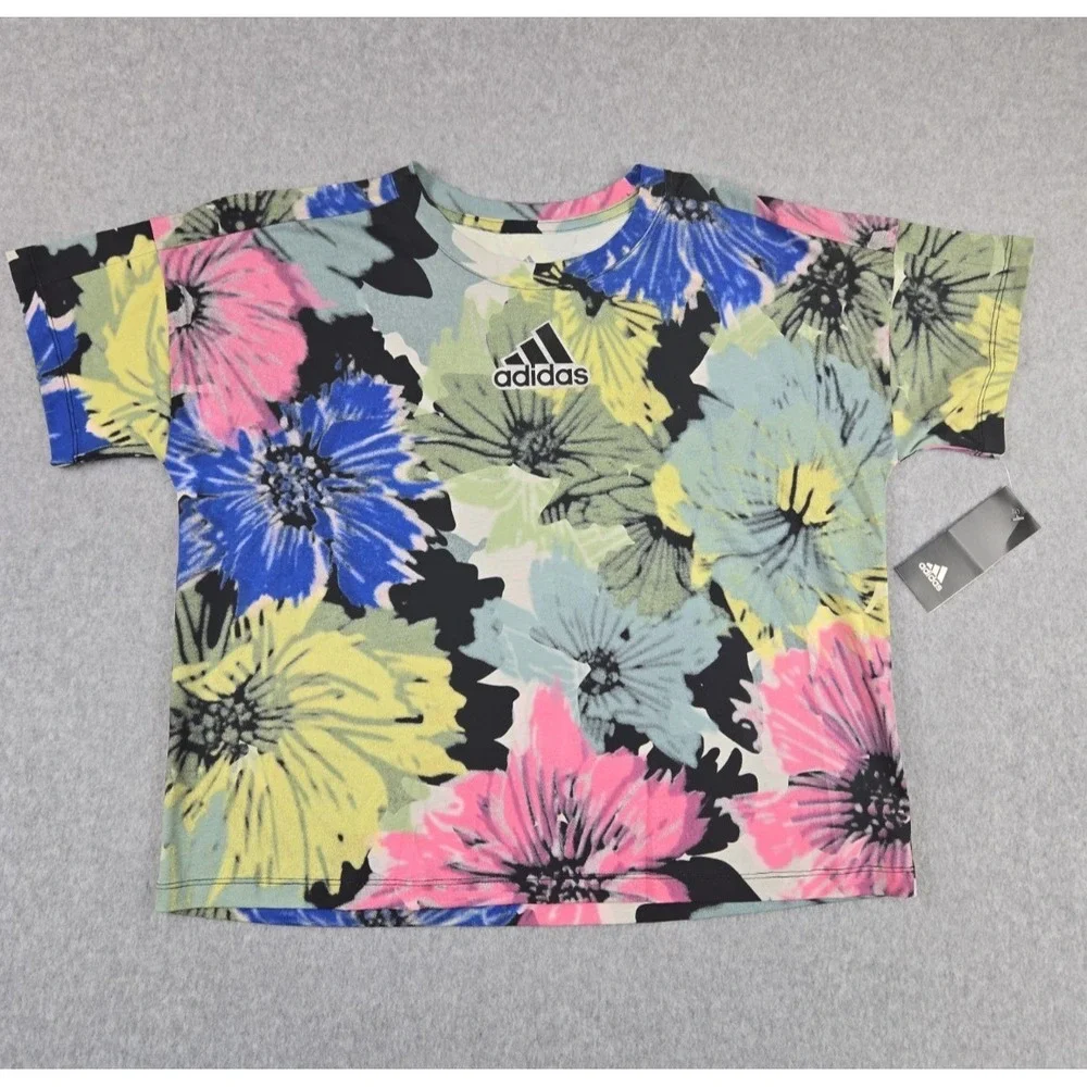 Adidas Original Girls Size Large (14) Oversize Floral Print Cropped Tee NWT